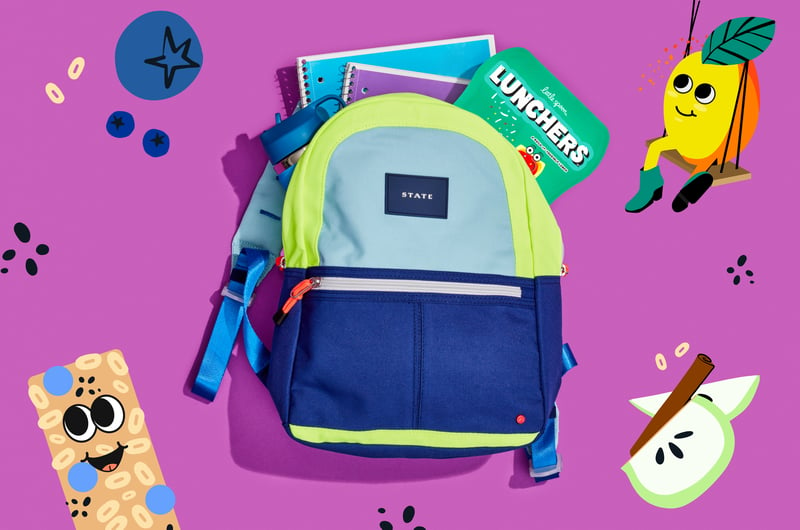 little spoon - branded illustrations and school backpack with supplies popping out the top against a pink background