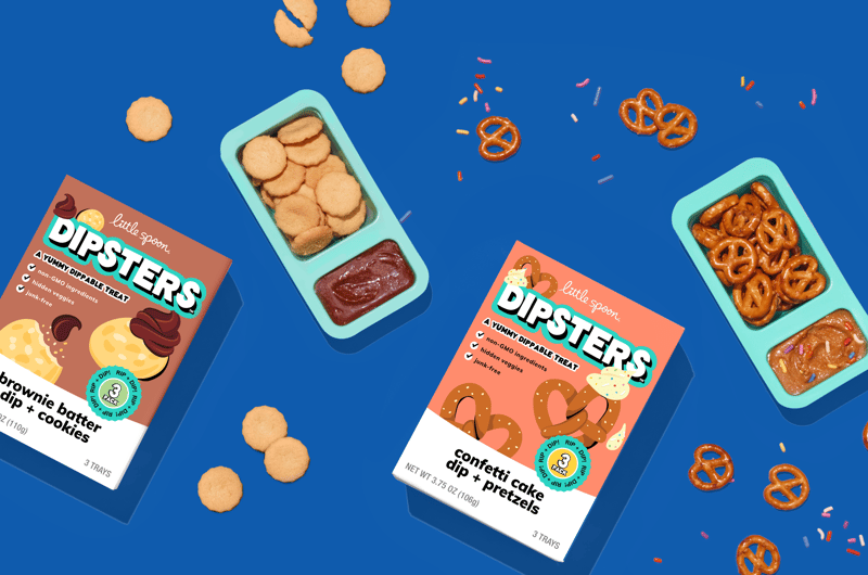 Little Spoon - Dipsters packaging showing cookies with brownie batter dip and pretzels with confetti cake dip.