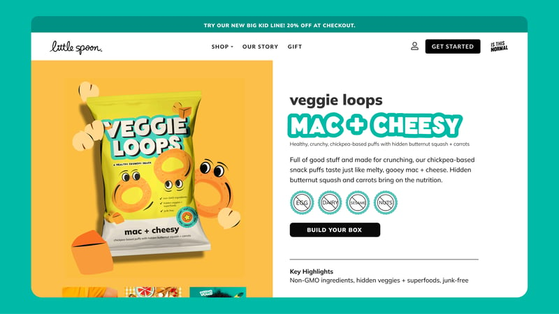 Little Spoon - Veggie loops packaging, mac + cheese flavor chickpea based snack puffs. No egg, dairy, sesame, or nuts
