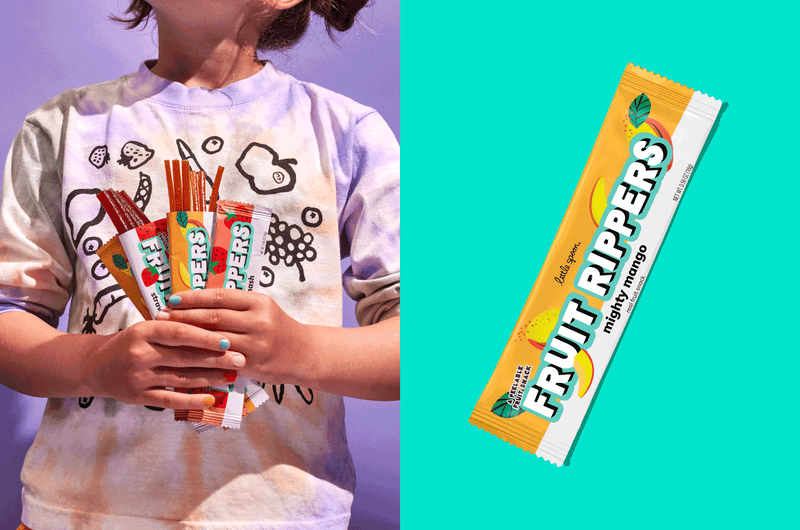 Little Spoon - girl holding fruit rippers and a GIF of the fruit rippers packaging opening and the fruit strips coming out.