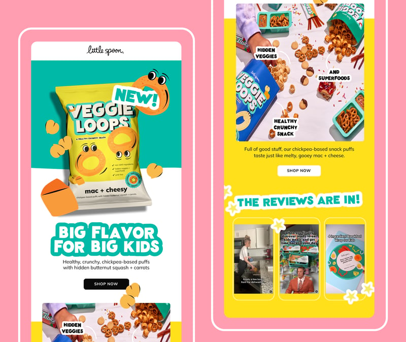Little Spoon - Mock up of the website on an iPad showing veggie loops and reviews from Instagram.