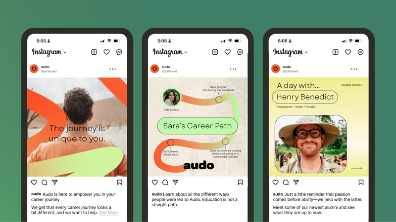 Three phone screens displaying Audo's three different instagram posts.