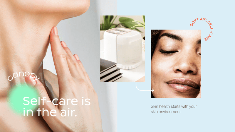 canopy - 3 images: hands touching neck, product shot, woman smiling