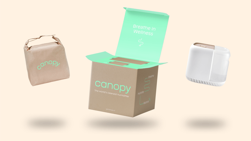 canopy - brown paper bag + cardboard box with logo on it + humidifier