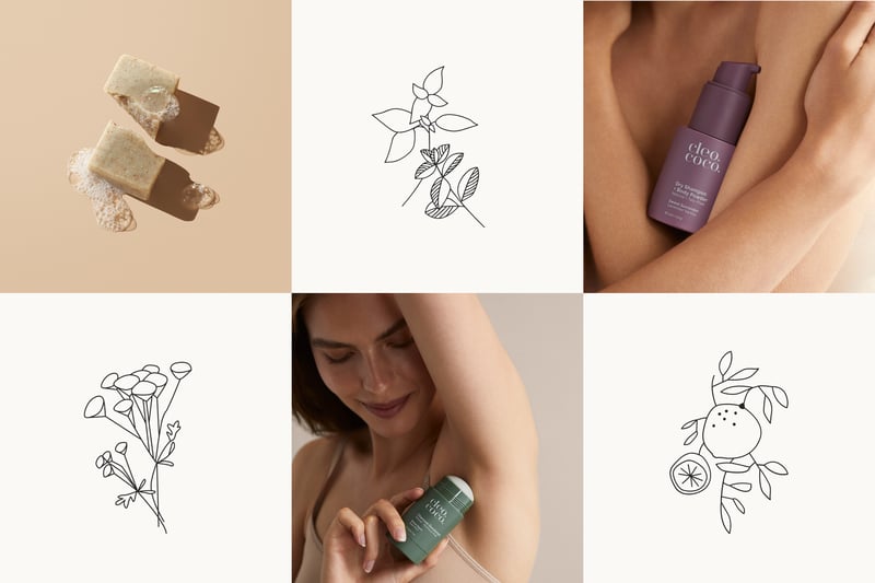 Illustrations of plants as well as image of soap, woman putting on Cleo+Coco deodorant, and woman holding Cleo+Coco dry shampoo
