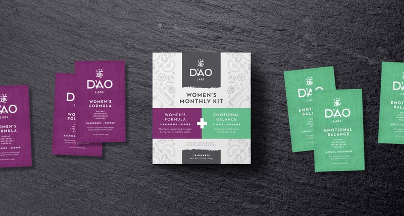 dao labs - women's monthly kit products laid out on a wooden table