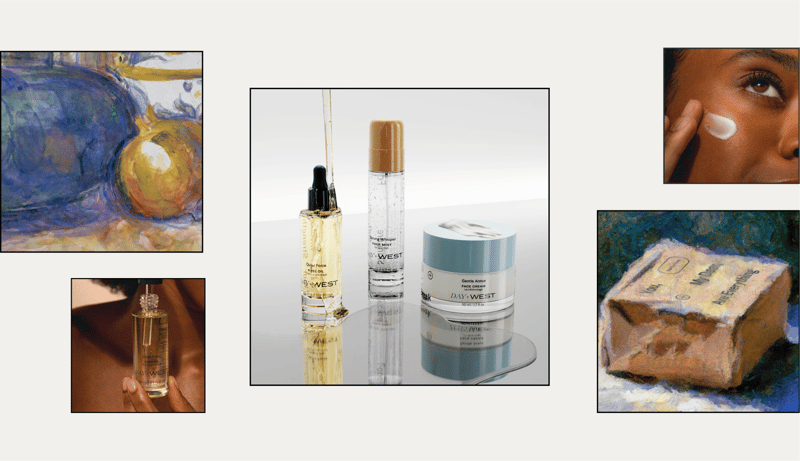 Image of Day+West Products. Woman using products, two paintings.