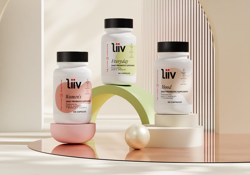 Three Liiv probiotic supplements on display.