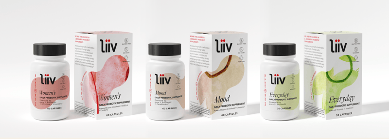 Three Liiv probiotics on display with their packaging