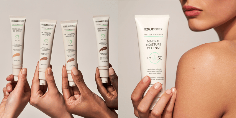 Woman's hands in different skin shades holding Moisture Mineral Defense tube product in the matching shade to their skin.