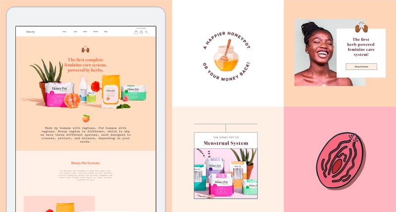 The Honey Pot - tablet webpage display and 4 tile grid of illustrations and social posts against peach, pink and white backgrounds