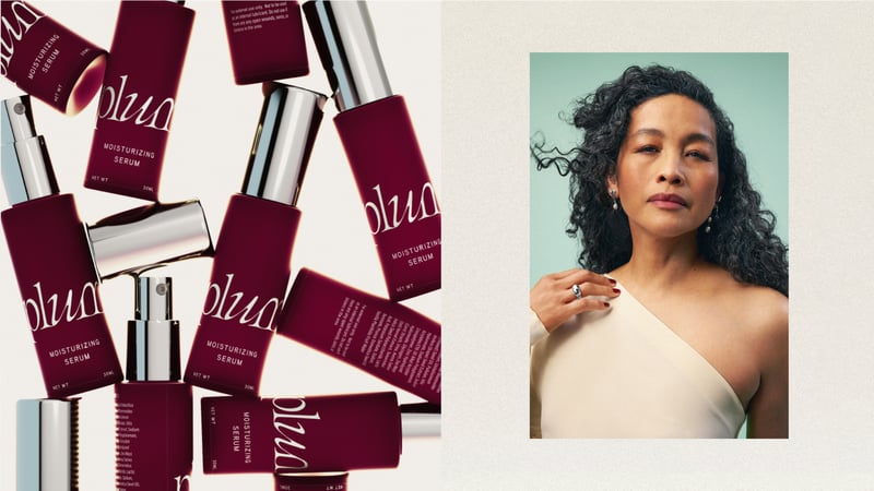 Plum moisturizing serum bottles alongside photo of model.