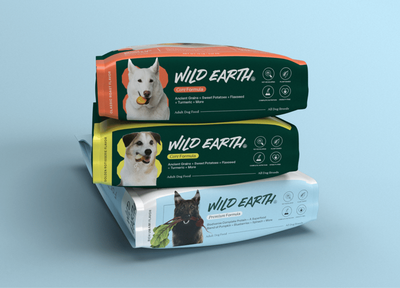 Wild Earth - Mock up of dog food packaging stacked on top of each other