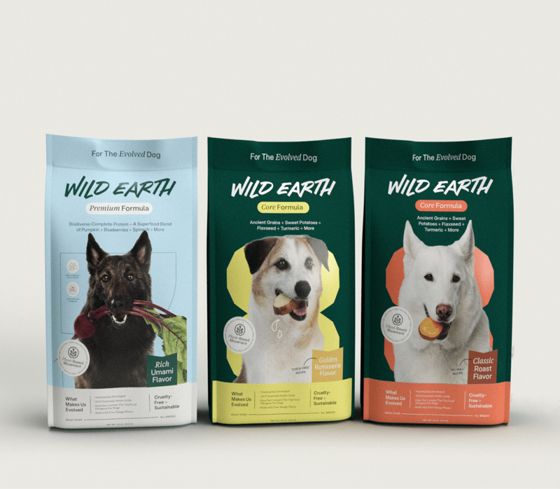 Wild Earth - Packaging of dog food. Premium formula rich umami flavor. Core formula golden rotisserie flavor. Core formula classic roast flavor. 