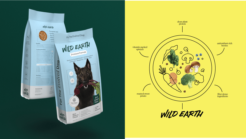 Wild Earth - Side by side image of packaging and an overview of the ingredient benefits. Clean plant protein, antioxidant rich berries, fibre dense ingredients, roasted sweet potato, vitamin packed spinach. 
